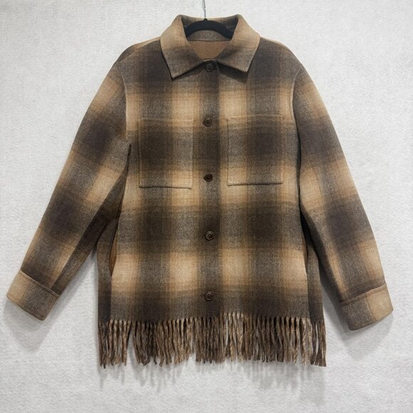 Banana Republic Fringe Shirt Jacket Womens Medium Plaid Reversible Wool Blend - Picture 1 of 12